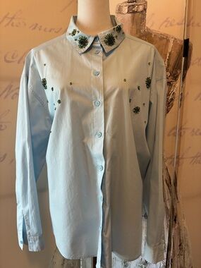 St. John's Bay Light Blue Cotton Button-Up Shirt w/ green/blue embellishments